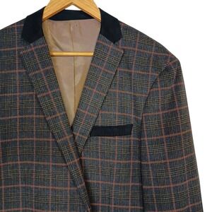 Venezzi Sport Coat Blazer Mens Medium Blue‎ Glen Plaid Wool Blend Elbow Patches